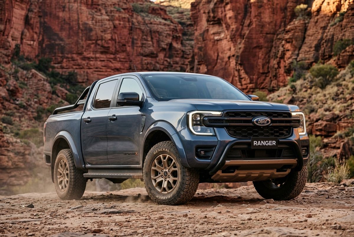 2024 Ford Ranger Wildtrak in Saber Black, parked in the Australian outback at golden hour